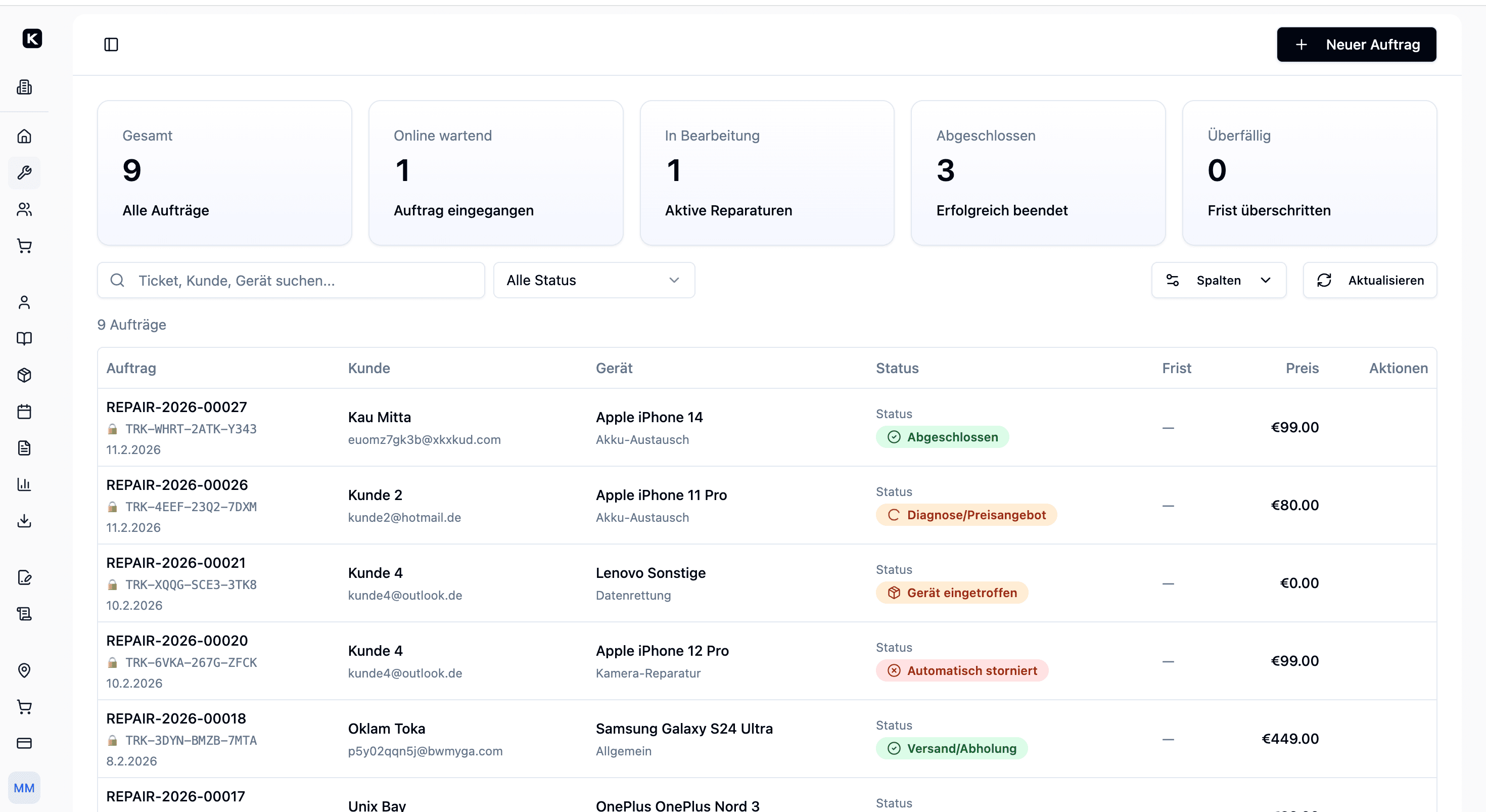 Kotaris Auftragsübersicht