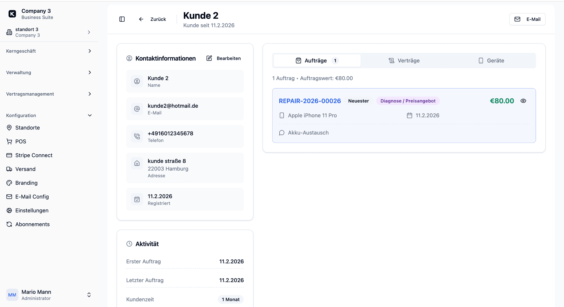 Kotaris Kundendetailseite