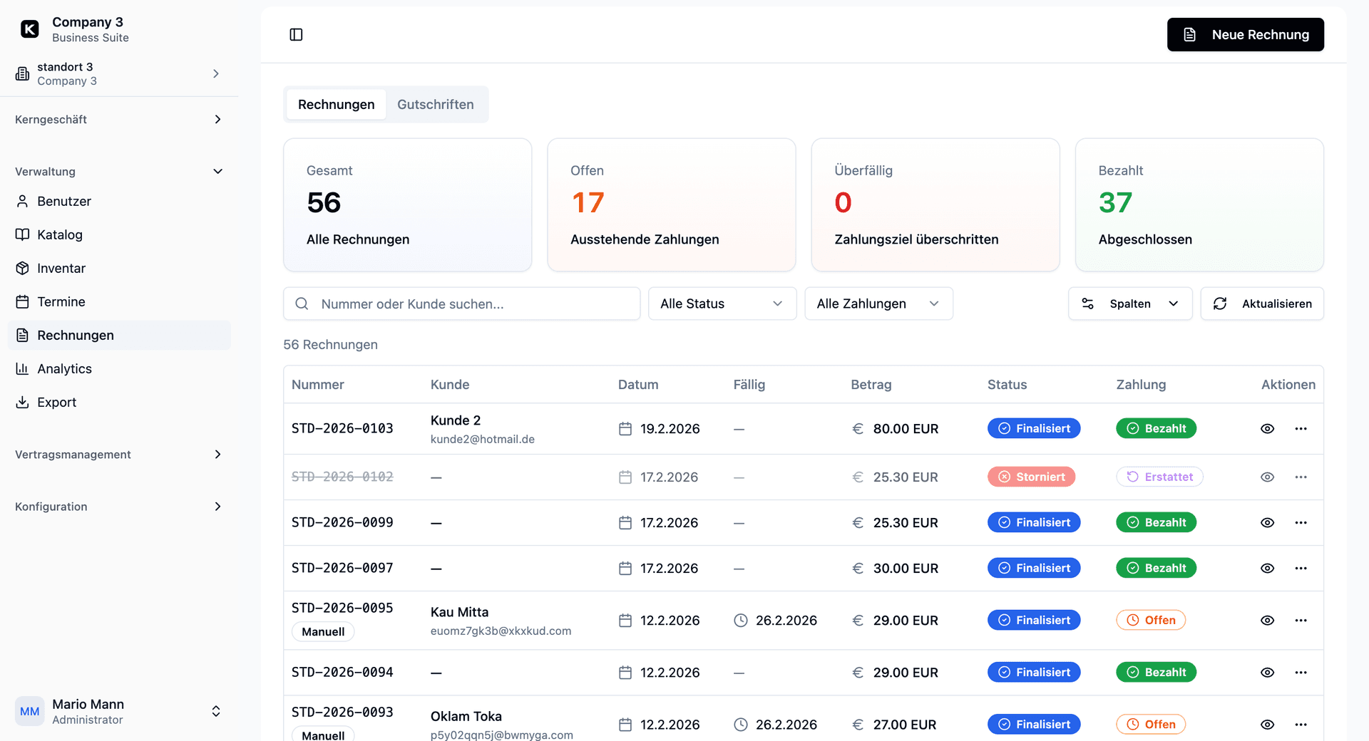 Kotaris Rechnungsübersicht